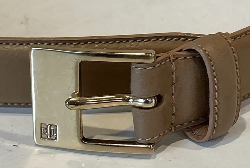 LAUREN by Ralph Lauren Italian Leather camel Belt Sz CLGold Logo Buckle Women